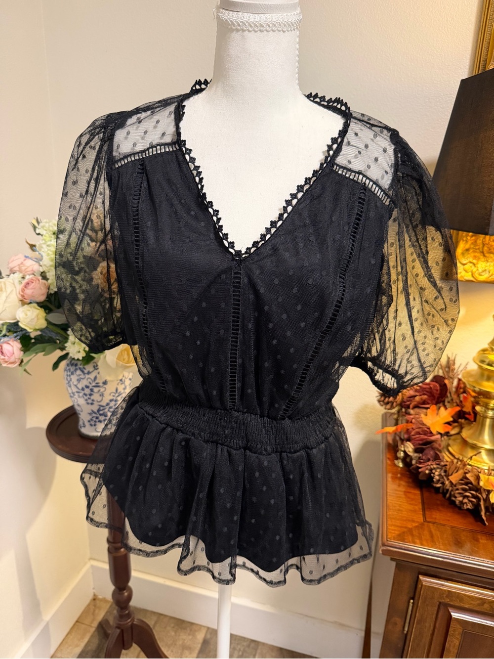 Haute Monde Black Sheer Dotted Peplum Top with Puff Sleeves Sexy Date Night